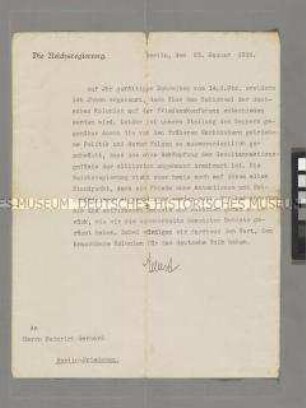 Handsignierter Brief von Friedrich Ebert zur Kolonialfrage