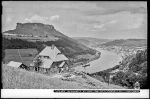 Blick auf das Elbtal bei Königstein mit Lilienstein und Jugendheim des Gebirgsvereins