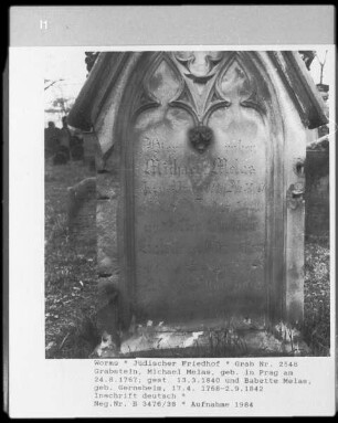 Grabstein von Michael Melas (gestorben 1840.03.13) und Babette Melas, geborene Gernsheim (gestorben 1842.09.02)