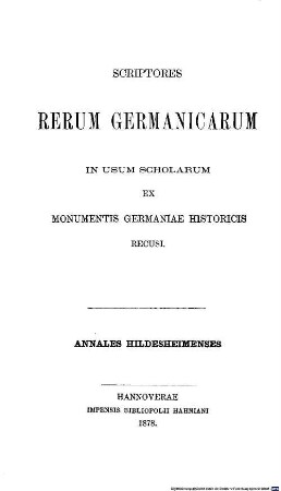 Annales Hildesheimenses : in usum scholarum ex Monumentis Germaniae historicis recusi