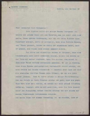 Schreiben an Hermann Muthesius (Brief)