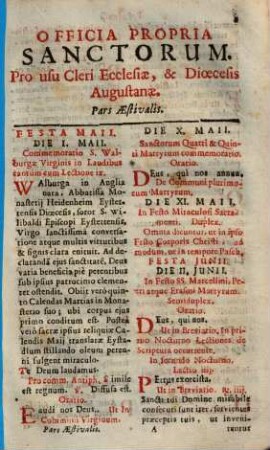 Officia Propria Sanctorum : Pro usu Cleri Ecclesiae, & Dioecesis Augustanae, Pars Aestivalis