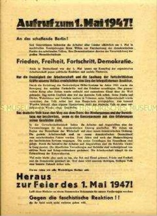 Aufruf des Vorstandes des FDGB Groß-Berlin zum 1. Mai 1947