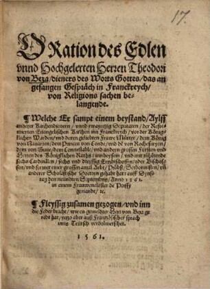 Oration ... das angefangen Gespräch in Franckreych von Religionssachen belangende ...