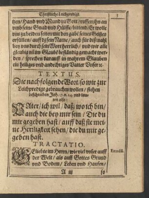 Textus. [...] stehen beschrieben Joh. 17. v. 24. und lauten also: