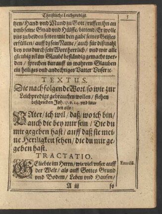 Textus. [...] stehen beschrieben Joh. 17. v. 24. und lauten also: