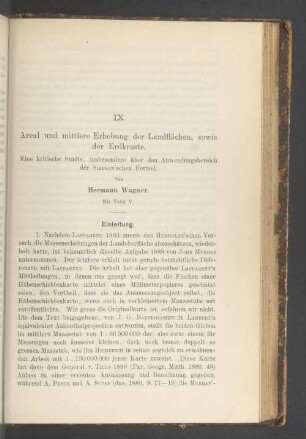 IX. Areal und mittlere Erhebung der Landflächen, sowie der Erdkruste. Eine kritische Studie, insbesondere über den Anwendungsbereich der Simpson'schen Formel (Mit Tafel V)