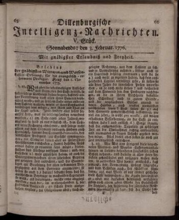 V. Stück: Sonnabends: den 3. Februar 1776