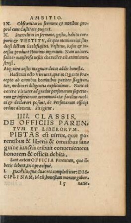 IIII. [i.e. III.] Classis. De Officiis Parentum Et Liberorum.
