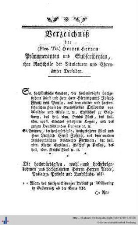 Verzeichnis der Pränumeranten und Subscribenten.