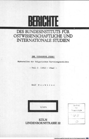 Der "Volksbund ZVENO" : Nahtstellen der bulgarischen Parteiengeschichte, 1. 1923 - 1944