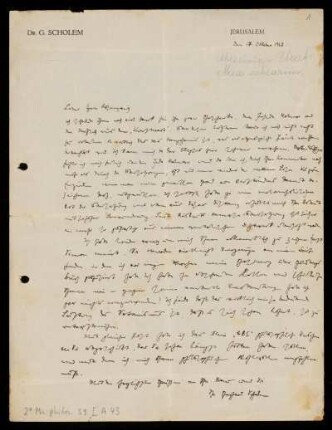 Brief von Gershom Scholem an Franz Rosenzweig