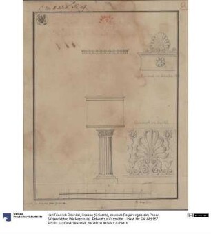 Gnesen (Gniezno), ehemals Regierungsbezirk Posen (Województwo Wielkopolskie). Entwurf zur Kanzel für die evangelische Kirche. Vorderansicht und Details des Ornaments