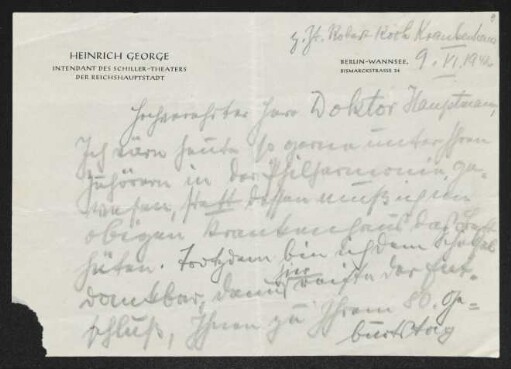 Brief von Heinrich George an Gerhart Hauptmann