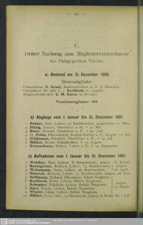 C. Dritter Nachtrag zum Mitgliederverzeichnisse des Pädagogischen Vereins