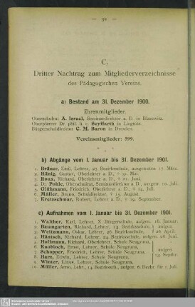 C. Dritter Nachtrag zum Mitgliederverzeichnisse des Pädagogischen Vereins