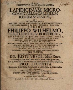 Diss. ... proponens lapidicinam microcosmicam, s. calculum renum et vesicae