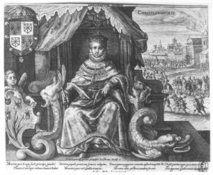 Thronender Kaiser : Vorlage für die Silbereinlage des Jagd- und Arbeitstisches von 1636. Ornamentum imperii. Christianissimus (Thronender Kaiser). Kupferstich (vor 1636)