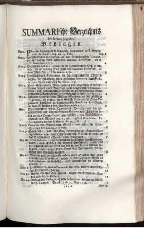 Summarische Verzeichnis der hienach folgenden Beylagen