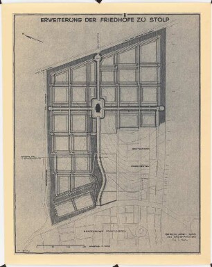 Erweiterung der Friedhöfe, Stolp: (Lichtpause von Inv.-Nr. 41166): Grundriss der geplanten Erweiterung des Friedhofs mit Höhenlinien und Eintragung der Grenze des 1. Bauabschnittes 1:1000, Maßstabsleiste