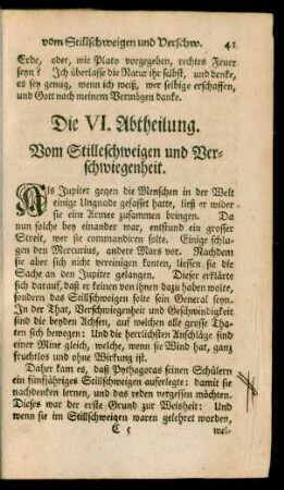 Die VI. Abtheilung. Vom Stilleschweigen und Verschwiegenheit