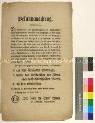 Bekanntmachung des Rates der Stadt Leipzig betreffend die Versandung der Pleiße