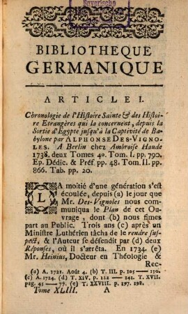 Bibliothèque germanique ou Histoire littéraire de l'Allemagne de la Suisse et des Pays du Nord. 43. 1738