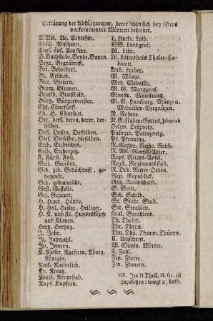 Erklärung der Abkürtzungen, derer man sich bey öfters vorkommenden Wörtern bedienet.