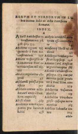Rerum Et Verborum In Libris Ioannis Balei de Actis Pontificum Romanae. Index.