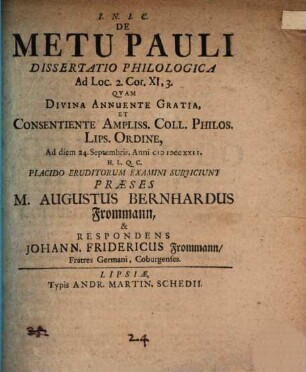 De metu Pauli dissertatio philologica : ad loc. 2. Cor. XI, 3