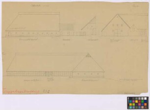 Cappel ([Landkreis Lehe]): Niederstrich Nummer 77 (1786). - Ochsenstall (Seiten-Ansicht, Giebel-Ansicht, Rück-Ansicht). - Schweinestall (Seiten-Ansicht, Giebel-Ansicht). - Bauernhaus (Giebel-Ansicht). - Scheune (Seiten-Ansicht)