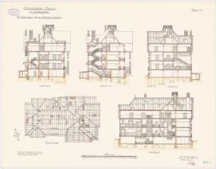 Offiziersheim Taunus, Falkenstein Wohnhaus für 14 Offiziere (östlich): Grundriss Sparrenlage, Längsschnitt, Querschnitte 1:100