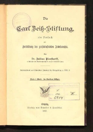 Die Carl-Zeiß-Stiftung : ein Versuch zur Fortbildung des großindustriellen Arbeitsrechts