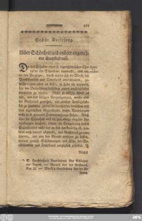 Sechste Vorlesung. Uiber Schönheit und andere angenehme Empfindnisse.