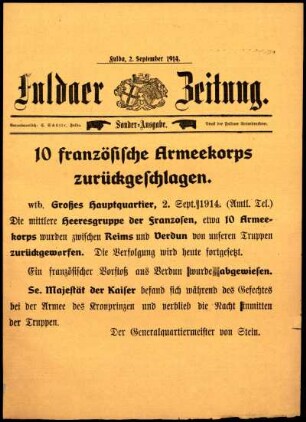 Erste Ausgabe vom Mittwoch, den 02. September 1914.