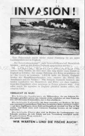 Britisches Abwurf-Flugblatt zur Kriegslage Ende 1940 mit einer Warnung vor einem Invasionsversuch auf dem britischen Festland