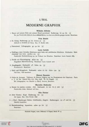 I. Teil: Moderne Graphik (Nr. 1-262)