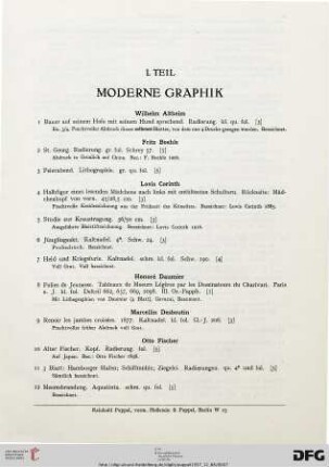 I. Teil: Moderne Graphik (Nr. 1-262)