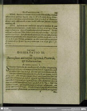 Dissertatio XI. De Successione universali legitima, Praetoria, & Collationibus