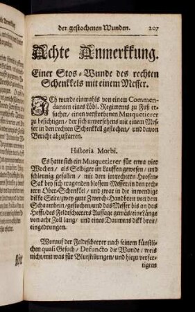 207-228, Achte Anmerkkung. Einer Stos-Wunde des rechten Schenkkels mit einem Messer. Neundte Anmerkkung. Einer kleinen Stos-Wunden an der rechten Handt.