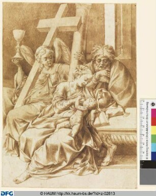 Die heilige Familie und ein Engel mit Kreuz, Kelch und Geißelsäule