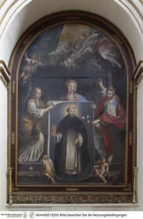Drei Frauen zeigen ein Bildnis mit dem heiligen Dominikus