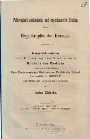 Pathologisch-anatomische und experimentelle Studien über Hypertrophie des Herzens : Inaug.-Dissertation