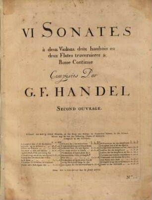 VI sonates à deux violons, deux haubois ou deux flûtes traversières & basse continue : second ouvrage