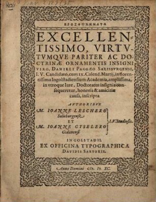 Prosphōnēmata, insigni Viro Dan. Paggaeo inscripta