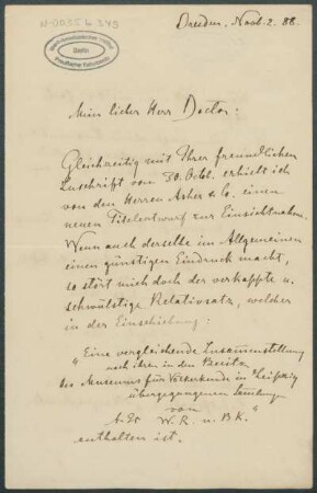 02. November 1888, Dresden [Brief von Alphons Stübel an Max Uhle]