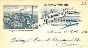 Rechnungen der Mineralölraffinerie bzw. Seifenfabrik Kraemer & Flammer mit Firmenansicht