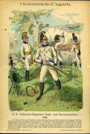 Uniformdarstellung, Offizier und Gemeine des Infanterie-Regiments "Hoch- und Deutschmeister, Kaiserreich Österreich-Ungarn, 1805.