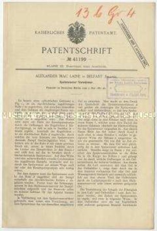 Patentschrift eines Speisewasser-Vorwärmers, Patent-Nr. 41199