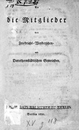 An die Mitglieder der Friedrichs-Werderschen- und Dorotheenstädtischen Gemeinden